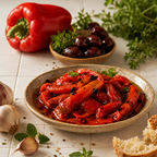 Bowl of roasted red peppers with a red pepper, olives, and bread on a wooden surface.
