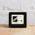 Boxed Roquefort mini on a wooden board against a white wall