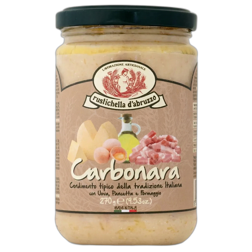 Jar of Rustichella d'Abruzzo Carbonara pasta sauce on a white background