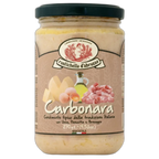 Jar of Rustichella d'Abruzzo Carbonara pasta sauce on a white background