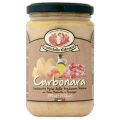 Jar of Rustichella d'Abruzzo Carbonara pasta sauce on a white background