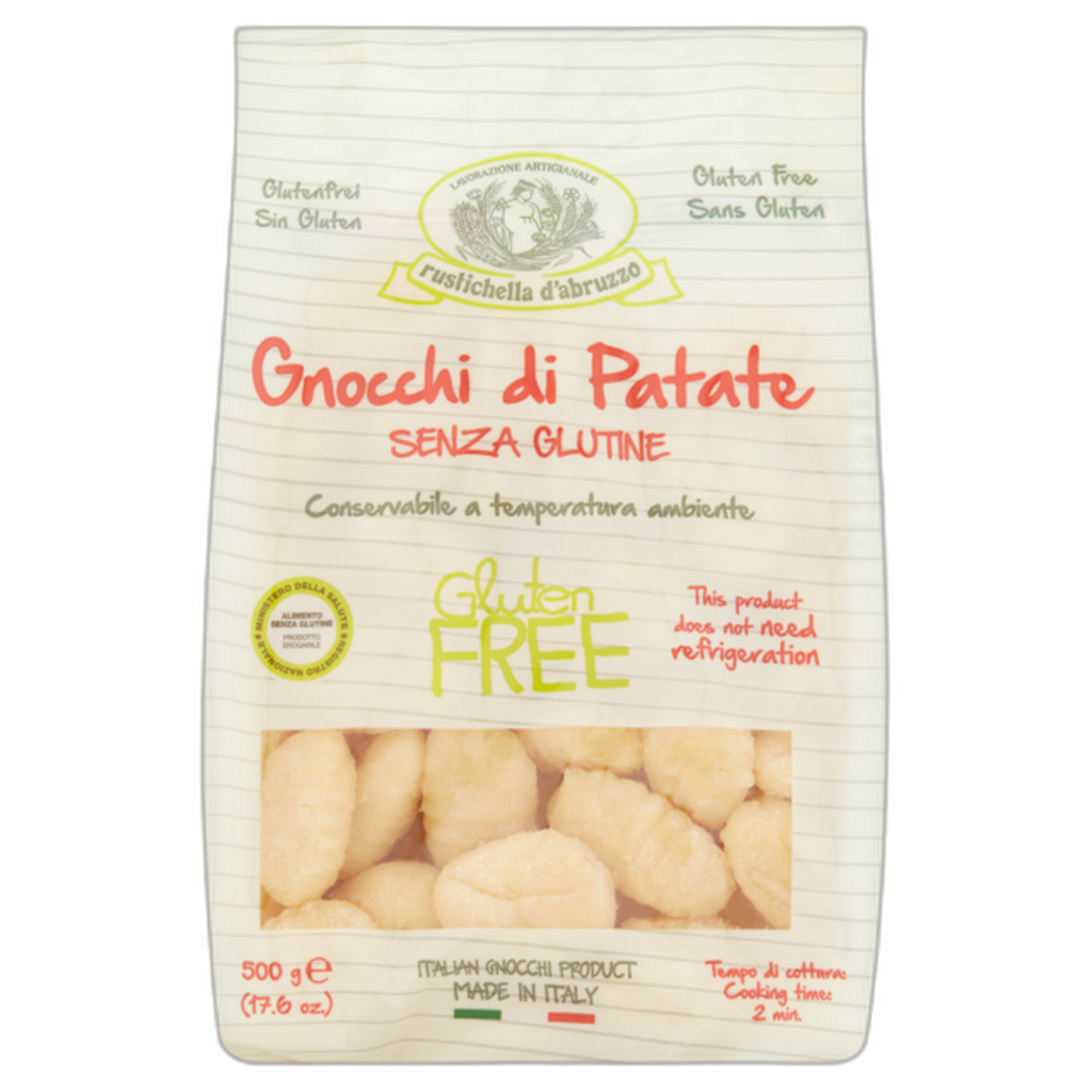 Bag of gluten-free potato gnocchi with branding and product details on a white background