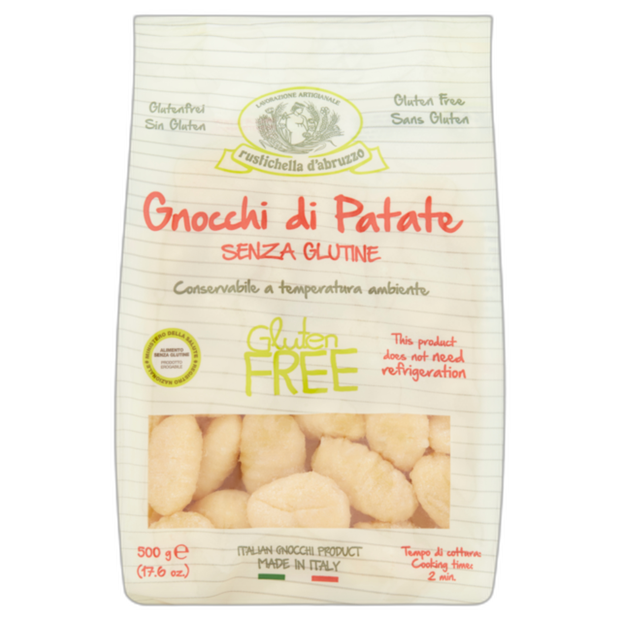 Bag of gluten-free potato gnocchi with branding and product details on a white background