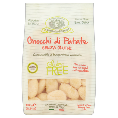 Bag of gluten-free potato gnocchi with branding and product details on a white background