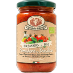 Jar of Rustichella d'Abruzzo Organic Pomodoro e Basilico sauce on a white background