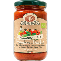 Jar of Rustichella d'Abruzzo Organic Pomodoro e Basilico sauce on a white background