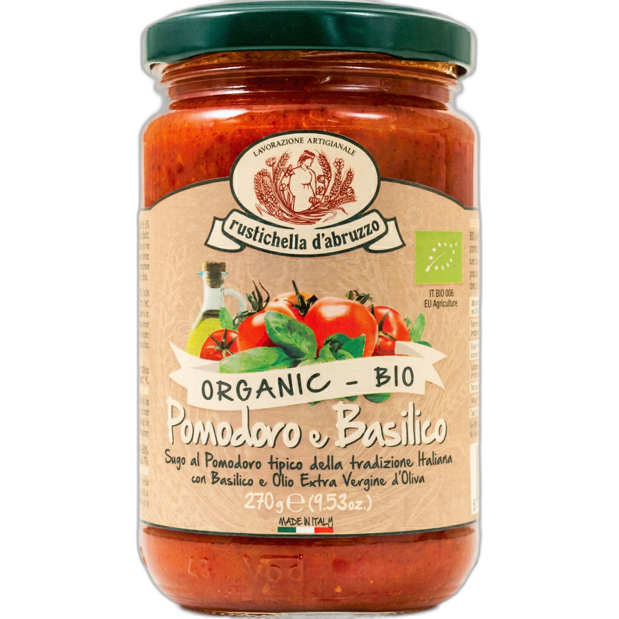 Jar of Rustichella d'Abruzzo Organic Pomodoro e Basilico sauce on a white background