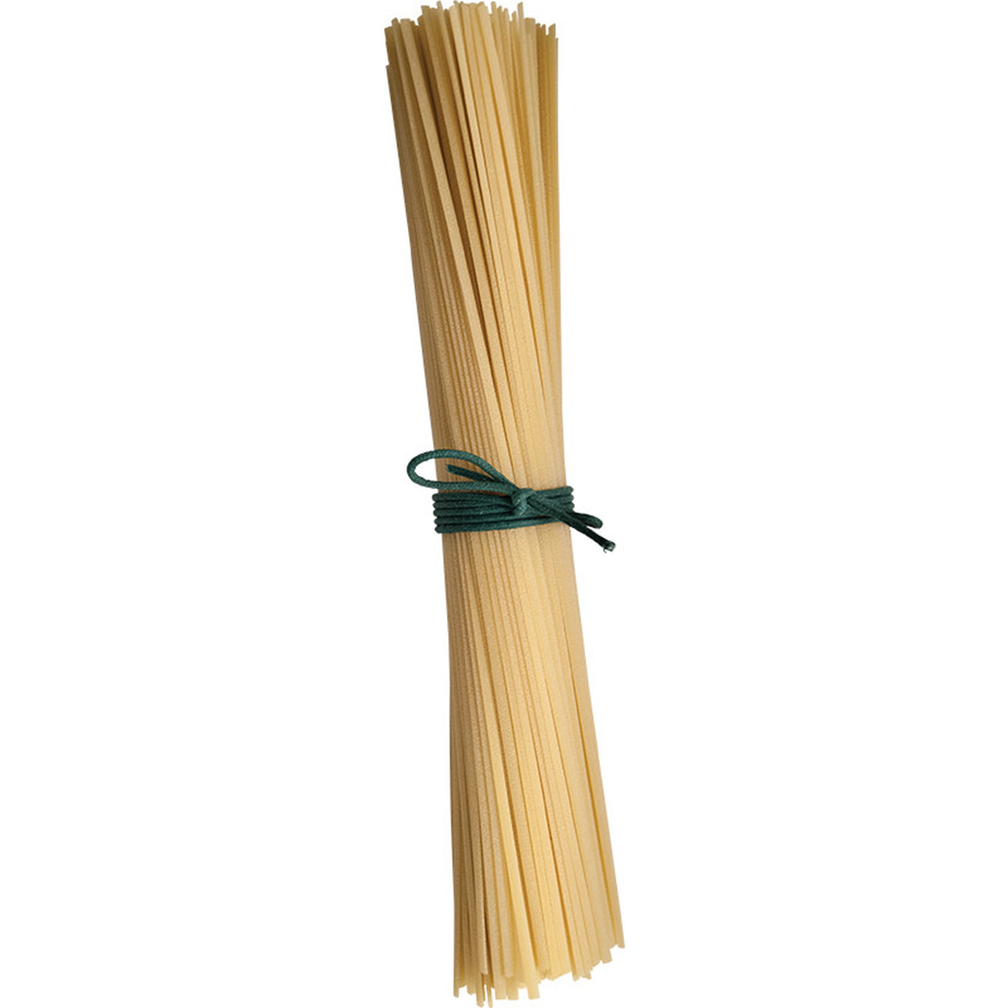 Bunch of uncooked spaghetti tied with a green rubber band on a white background