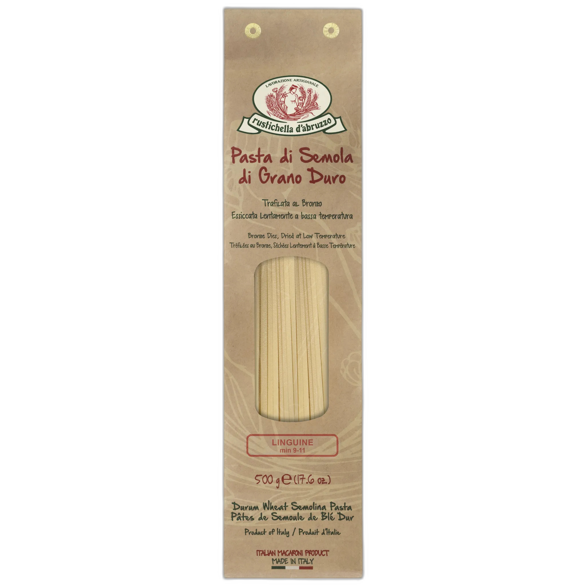 Pasta package with brand logo on a white background