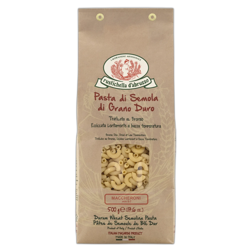 Pasta package with brand logo and product details on a white background