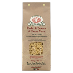 Pasta package with brand logo and product details on a white background