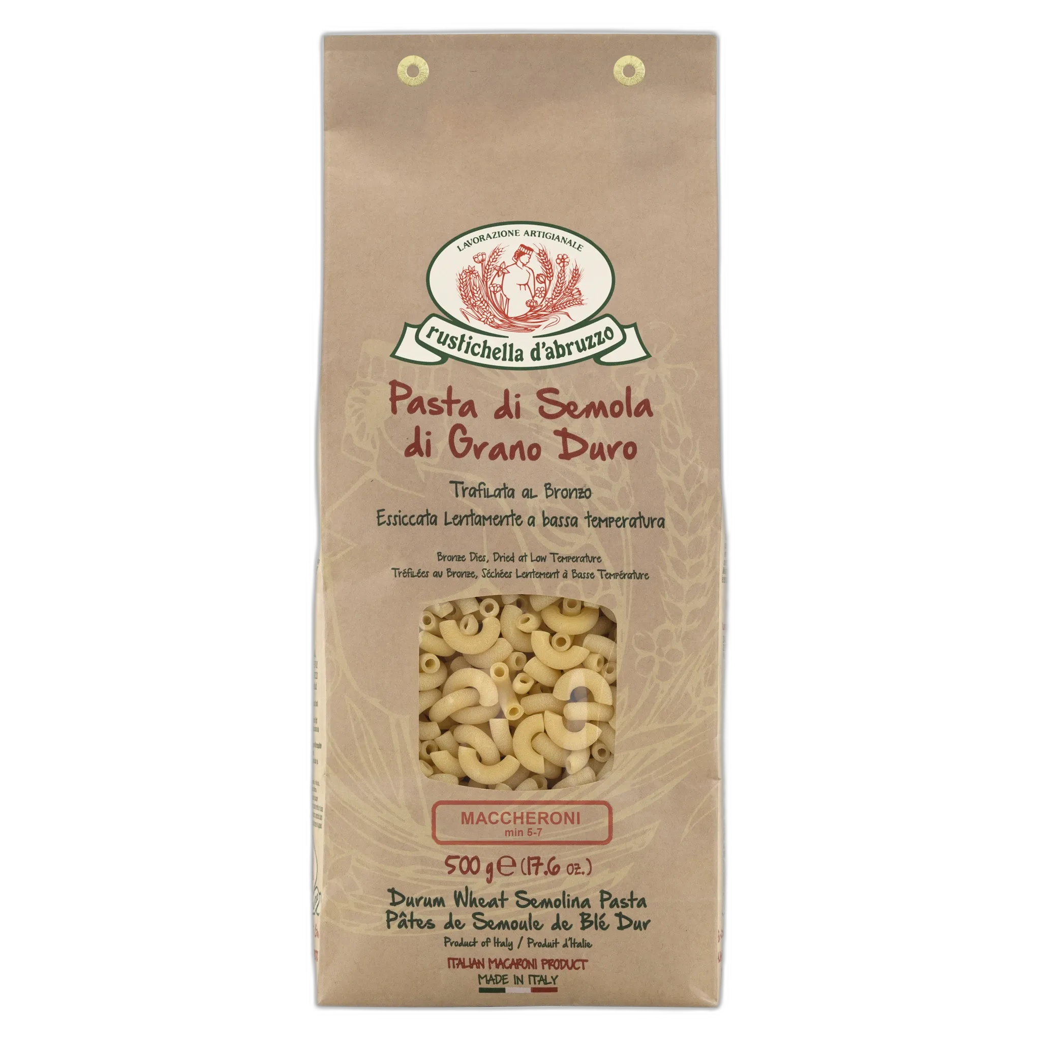 Pasta package with brand logo and product details on a white background