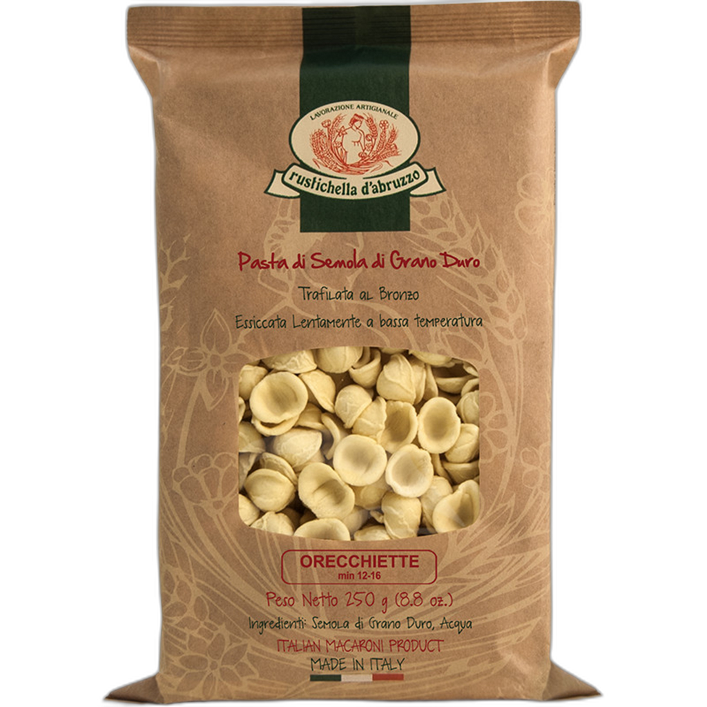 Pasta package with 'Orecchiette' on a brown background