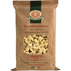 Pasta package with 'Orecchiette' on a brown background