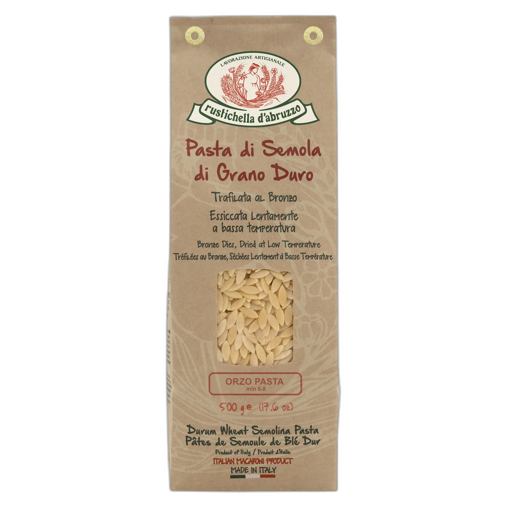 Package of Rustichella d'Abruzzo Orzo Pasta on a white background