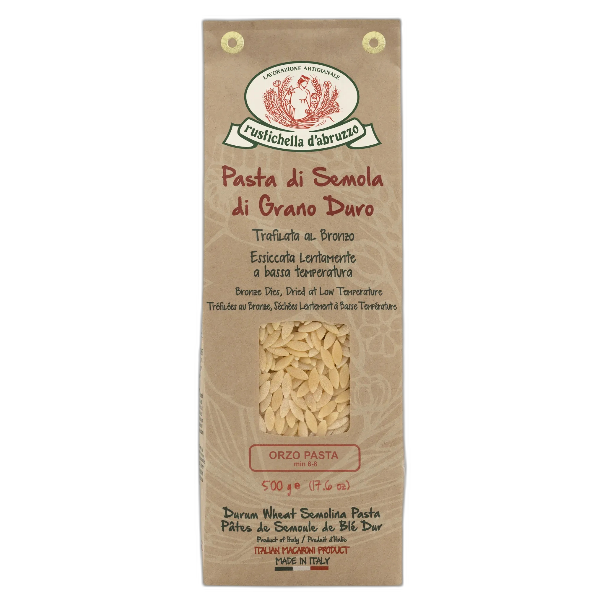 Package of Rustichella d'Abruzzo Orzo Pasta on a white background