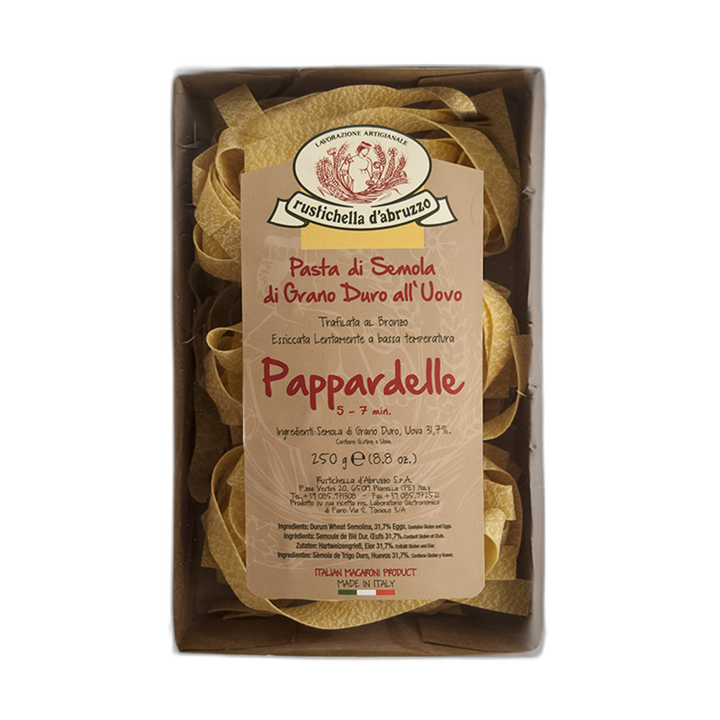 Box of Pappardelle pasta with a label on a white background