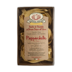 Box of Pappardelle pasta with a label on a white background