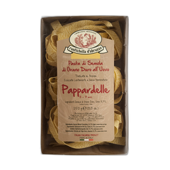 Box of Pappardelle pasta with a label on a white background