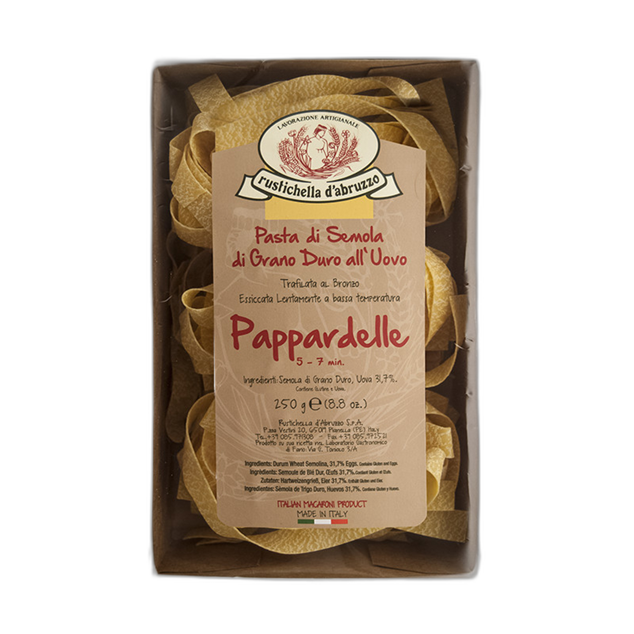 Box of Pappardelle pasta with a label on a white background