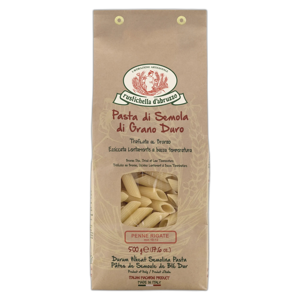 Pasta package with brand logo and product details on a white background