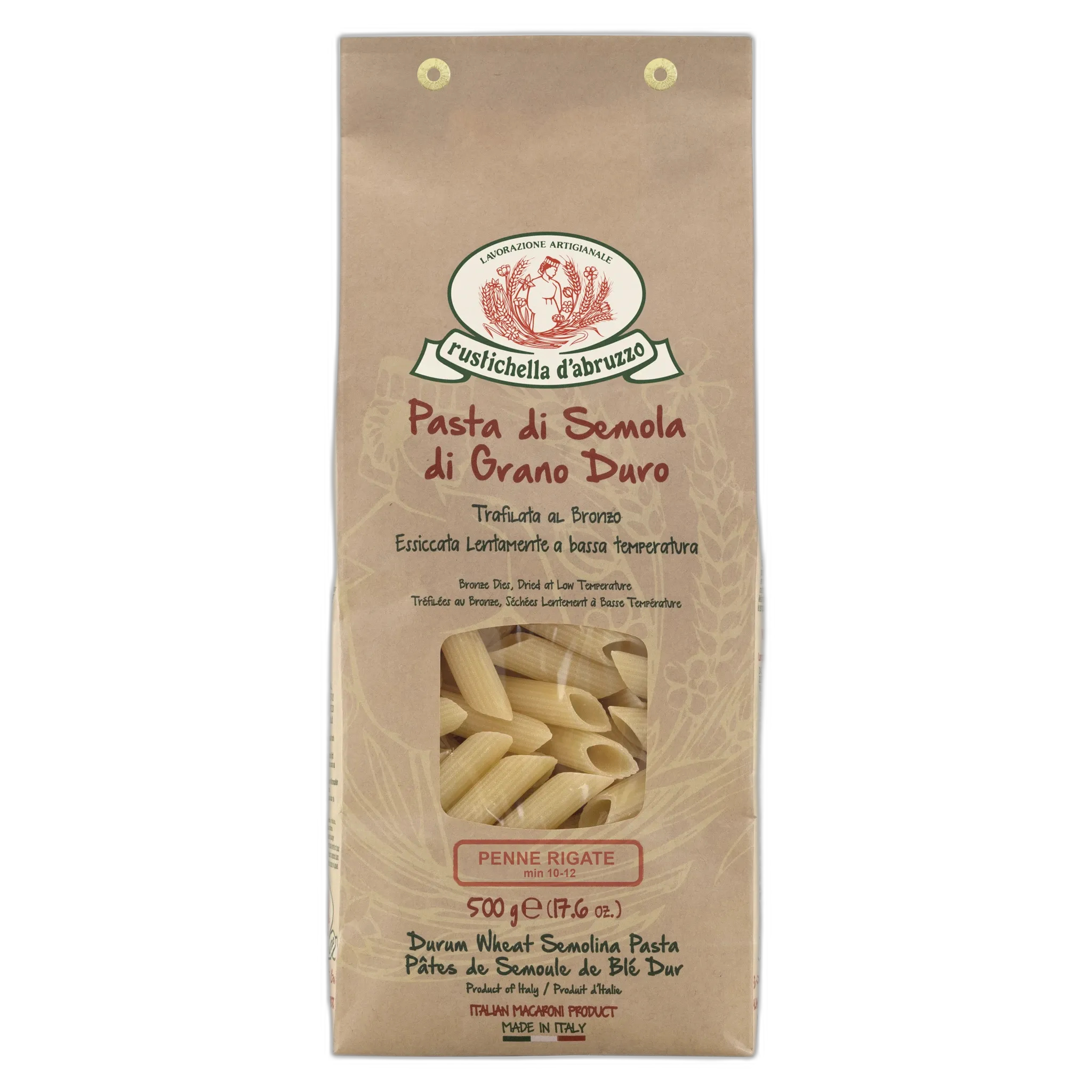 Pasta package with brand logo and product details on a white background