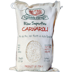 Bag of Carnaroli rice with branding and product details on a white background