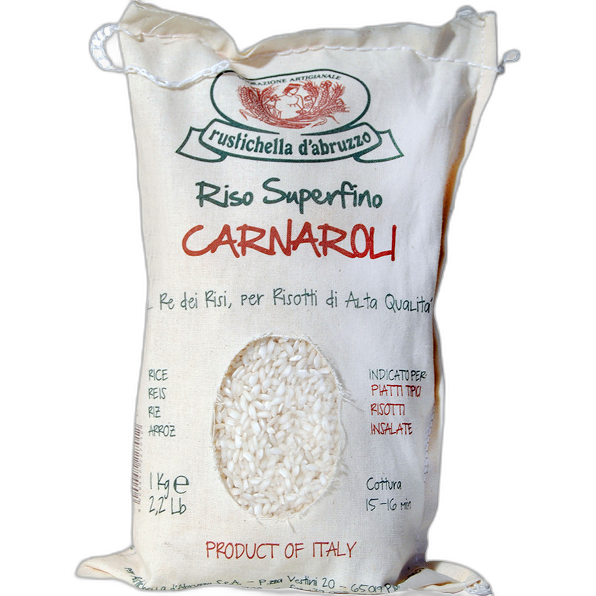 Bag of Carnaroli rice with branding and product details on a white background