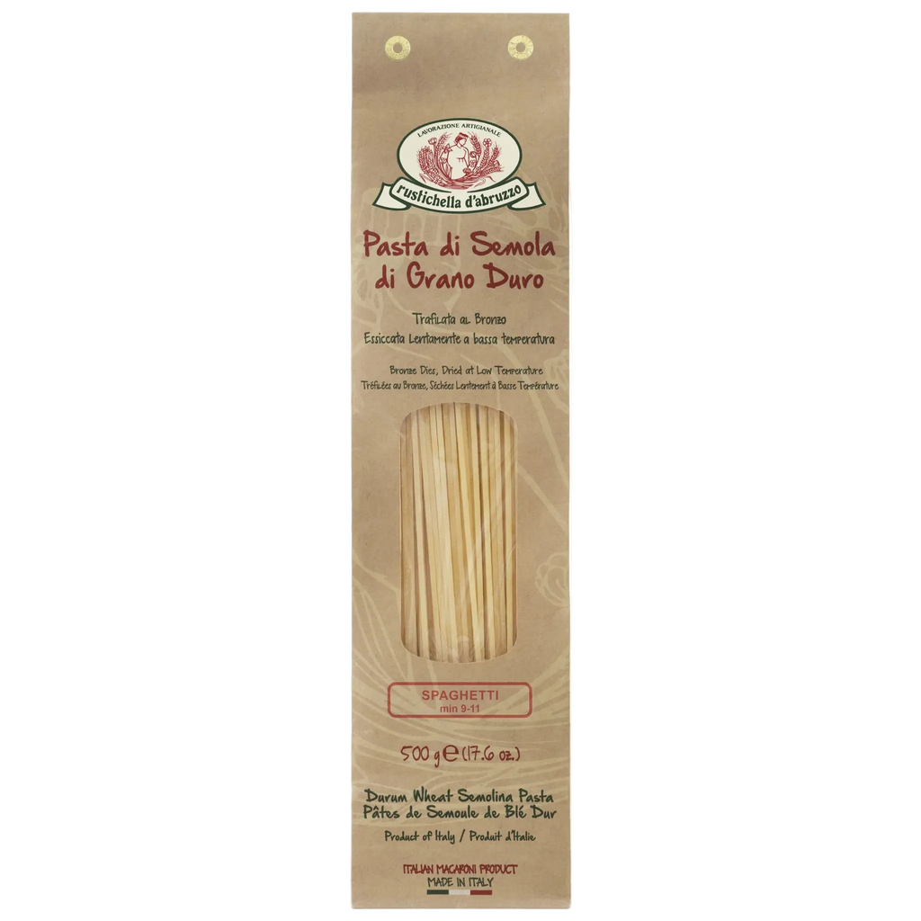 Pasta package with spaghetti sticks on a white background