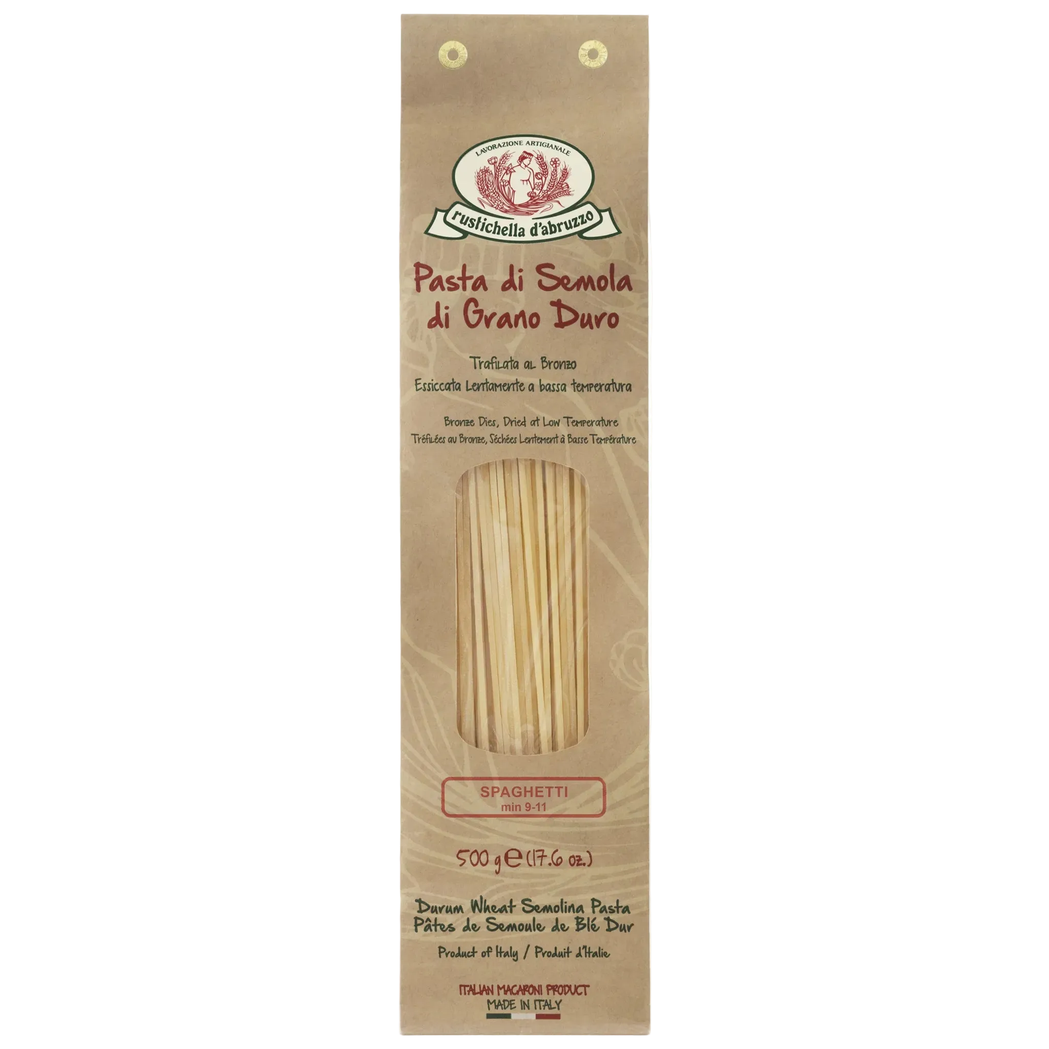 Pasta package with spaghetti sticks on a white background