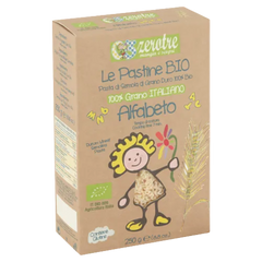 Box of Zerotre Bio alphabet pasta with a child illustration on a white background