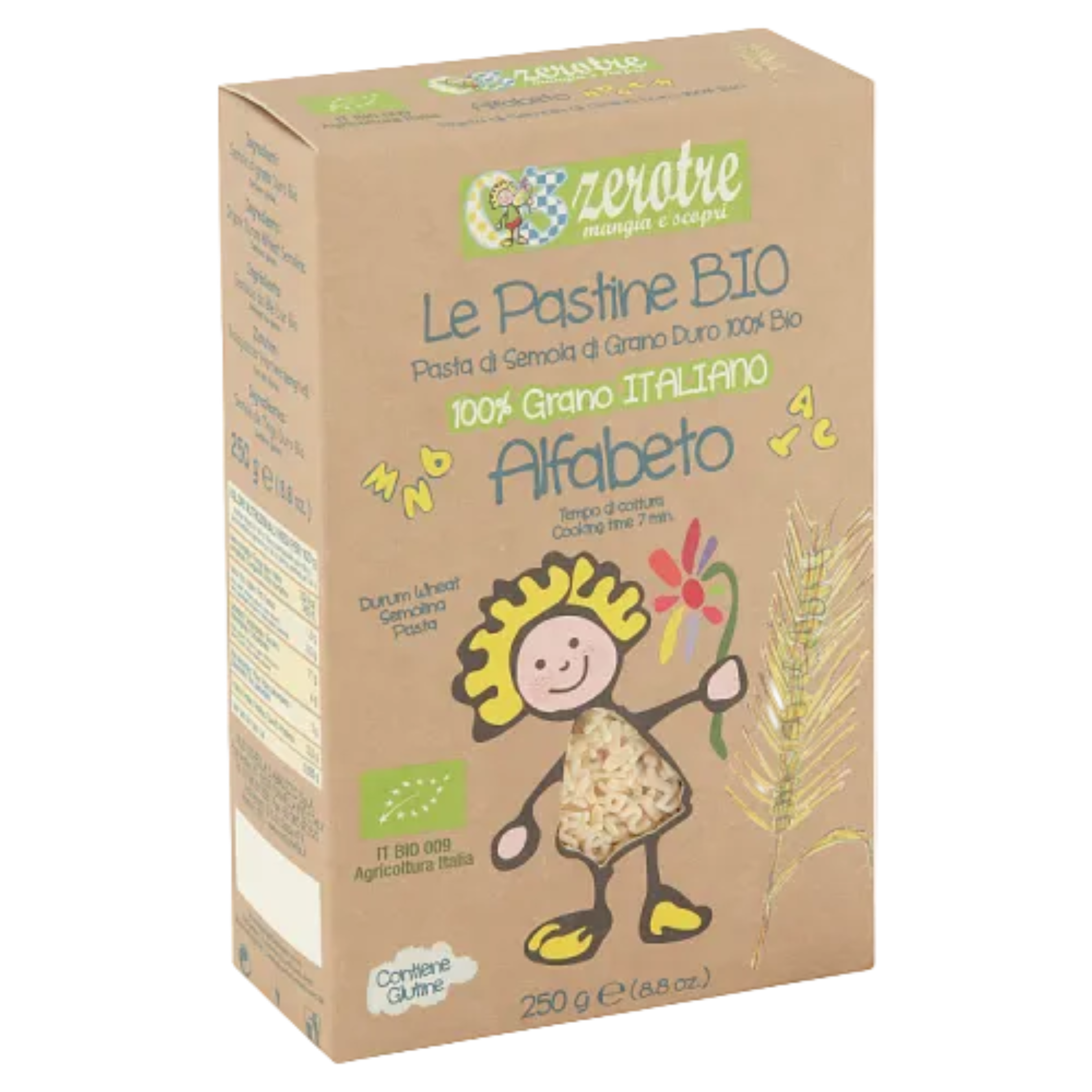 Box of Zerotre Bio alphabet pasta with a child illustration on a white background