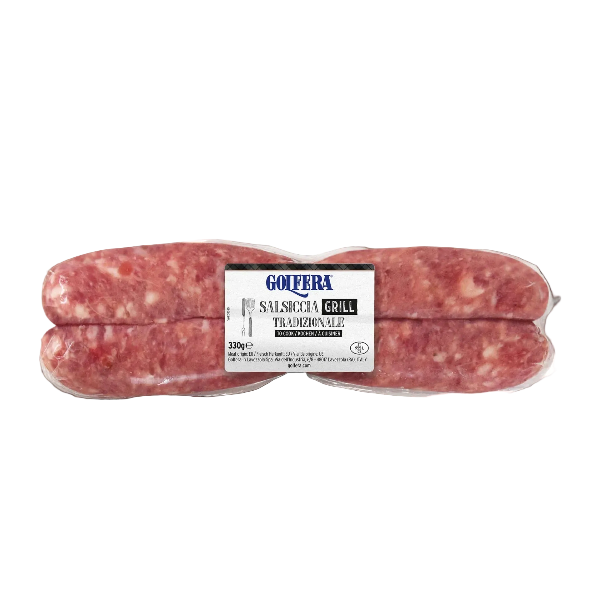 Two packages of Goleira Salsiccia Grill Tradizionale sausages on a white background