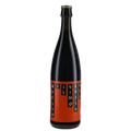 Black wine bottle with red label on a white background