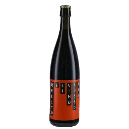 Black wine bottle with red label on a white background