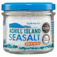 Jar of Achill Island Seasalt with a blue lid and label on a white background
