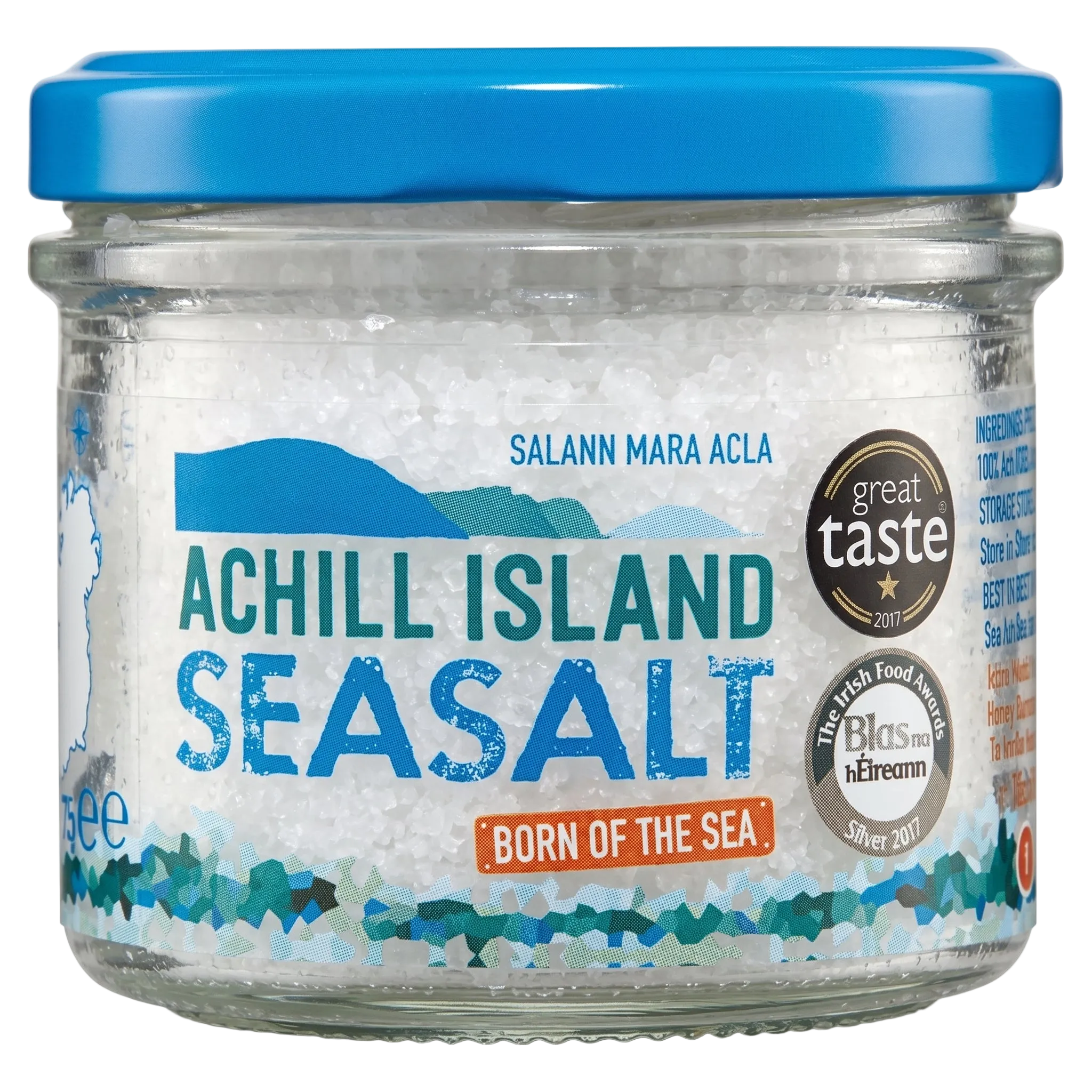 Jar of Achill Island Seasalt with a blue lid and label on a white background