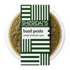 Bowl of basil pesto with Sheridan's Cheesemongers label on a white background