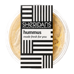 Hummus container with Sheridan's Cheesemongers label on a white background