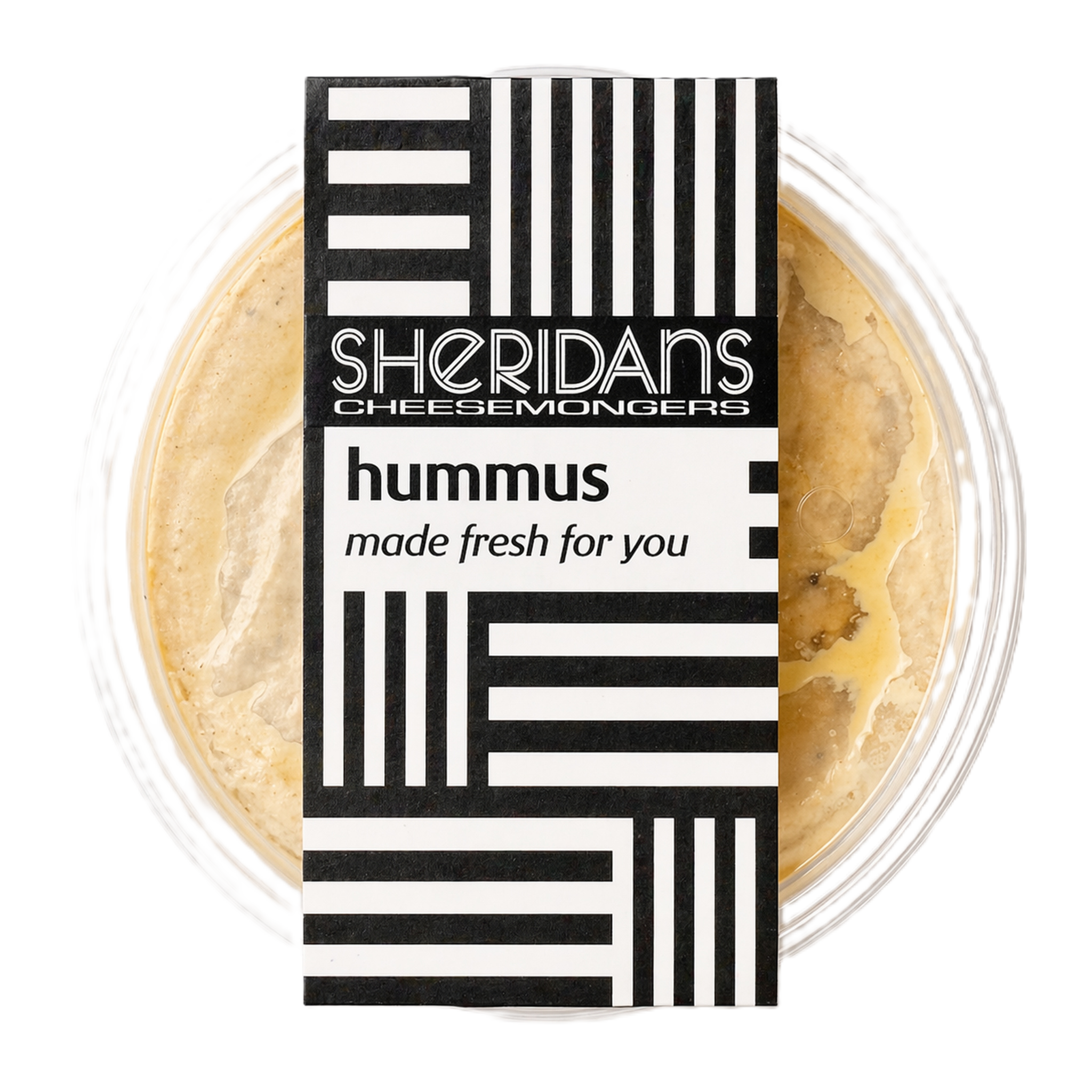 Hummus container with Sheridan's Cheesemongers label on a white background