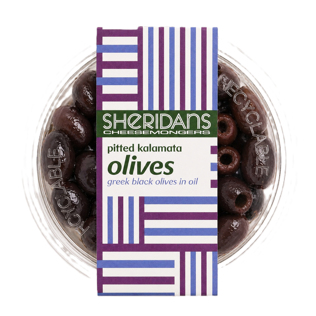 Container of Sheridan's pitted kalamata olives with a colorful label.