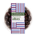 Container of Sheridan's pitted kalamata olives with a colorful label.