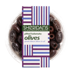 Container of Sheridan's pitted kalamata olives with a colorful label.