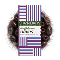 Container of Sheridan's pitted kalamata olives with a colorful label.