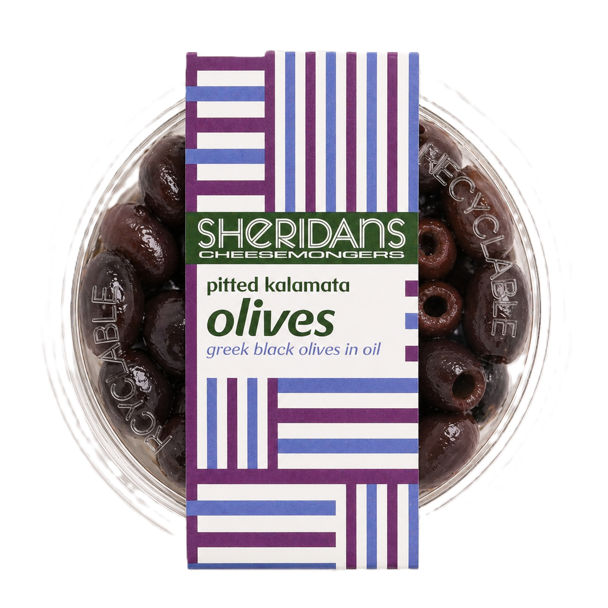 Container of Sheridan's pitted kalamata olives with a colorful label.