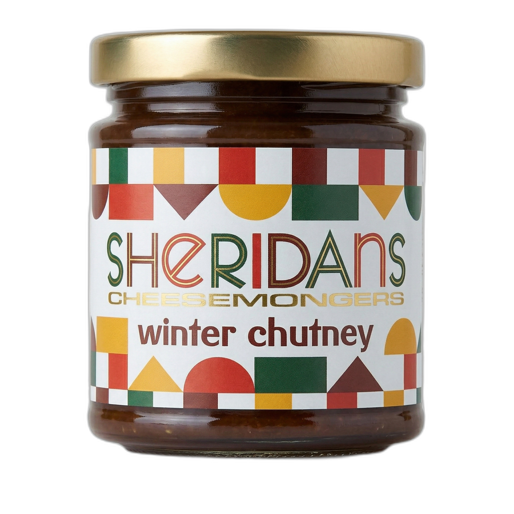 Jar of Sheridan's winter chutney with a colorful label on a white background