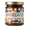 Jar of Sheridan's winter chutney with a colorful label on a white background