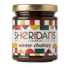 Jar of Sheridan's winter chutney with a colorful label on a white background