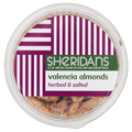 Container of Sheridans Valencia almonds with a striped lid on a white background