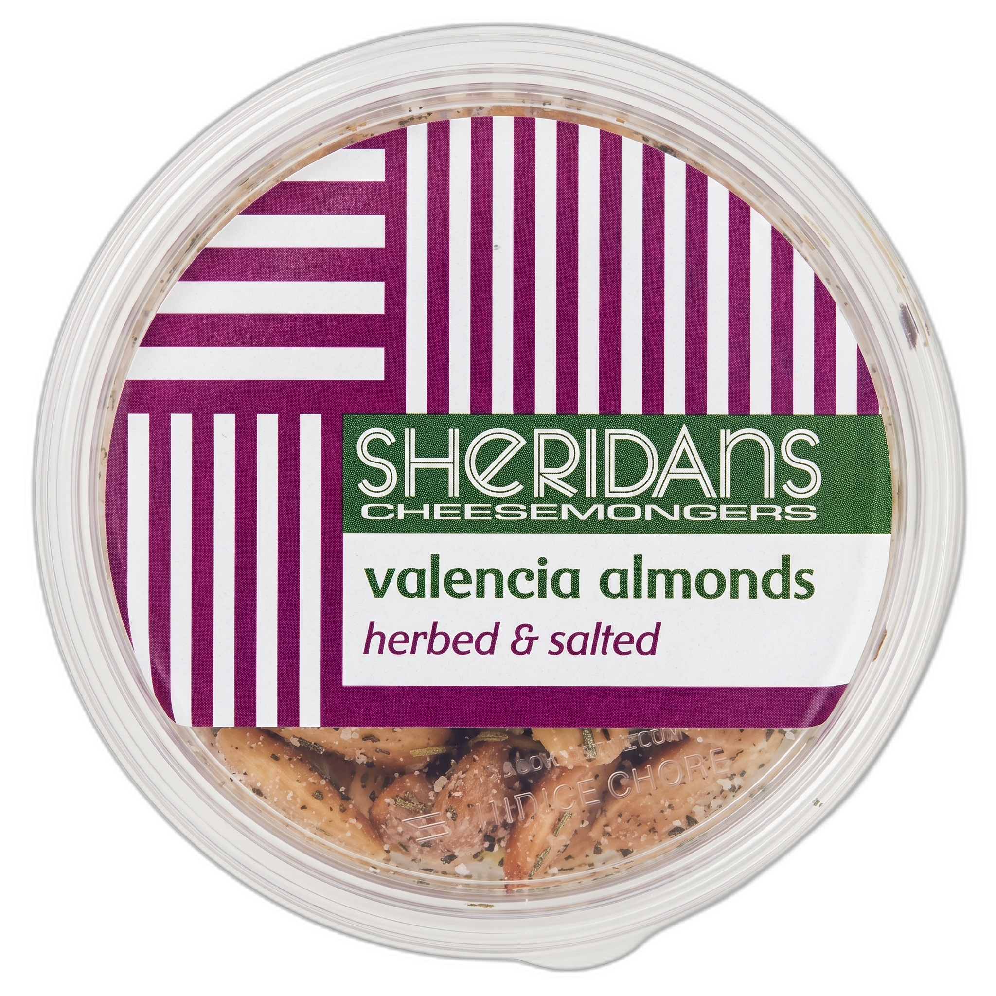 Container of Sheridans Valencia almonds with a striped lid on a white background